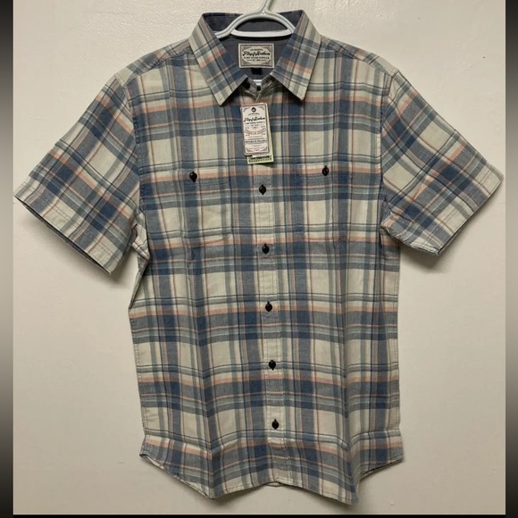 Flag & Anthem Other - Flag & Anthem Mens Plaid Shirt Button Up Medium Blue Coral Cream Lightweight NWT